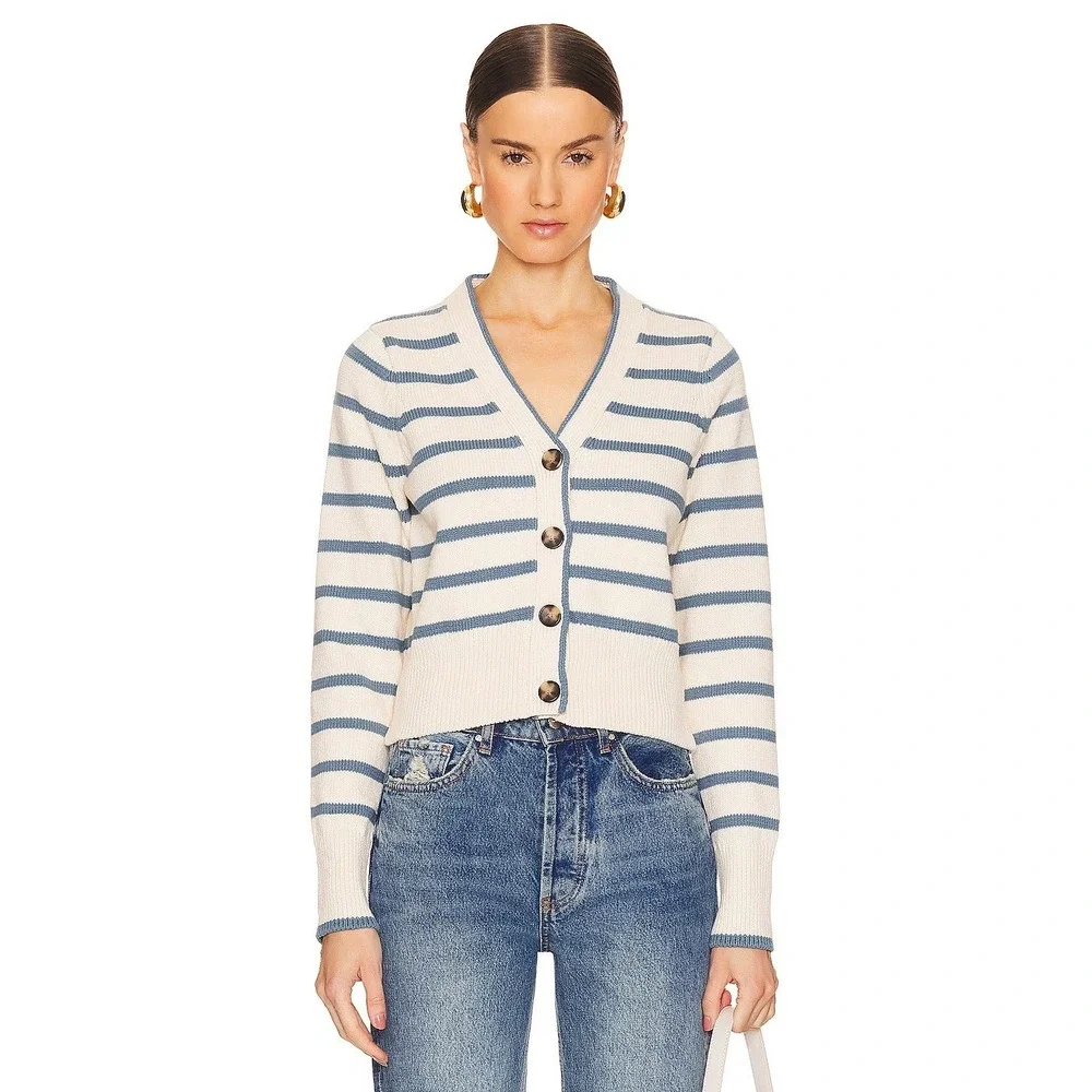 Veronica Beard Noorie Cardigan Sz Medium Ivory Blue Striped Cotton Chic Classic - Picture 1 of 16